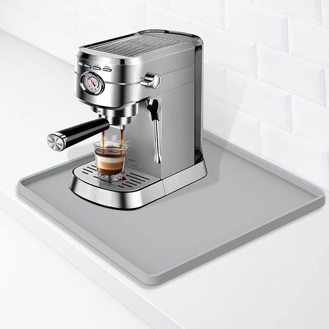 Silicone Coffee Mat 16"x16", Single Piece Anti-Vibration Under Coffee Maker Mat, Non-Slip Espresso Machine Mat with 10mm Raised Edge, Noise Reduction Countertop Protector, Fits Breville Ninja Keurig
