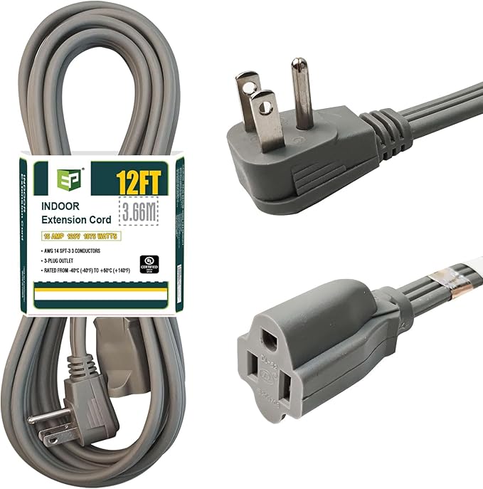 EP 12 Ft Heavy Duty Appliance Extension Cord - 14 Gauge 3 Prong Grounded Cable Wire, Ideal for Air Conditioners, Refrigerators, Microwaves, Washing Machines & More - Indoor Use, Gray