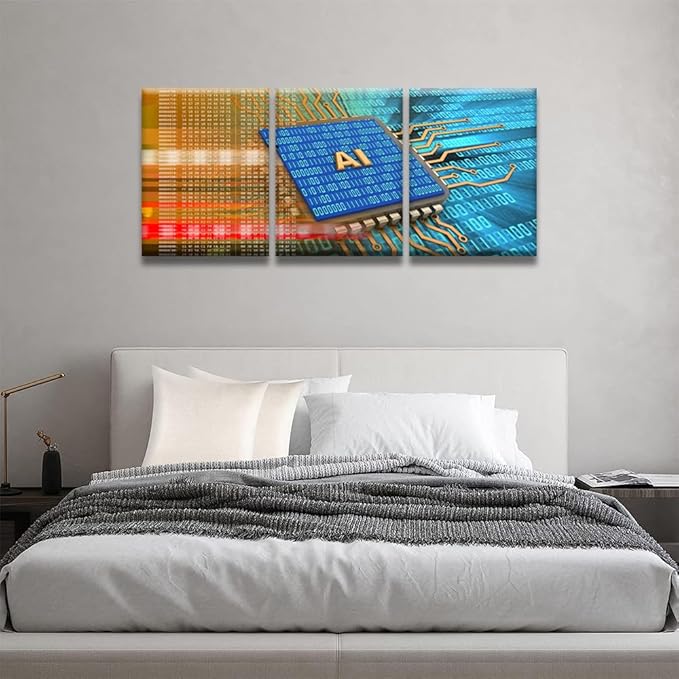 LSIUHWUWI 3 Panel Canvas Wall Art Electronic Board over Digital Background Pictures Print On Canvas for Home Decorations, Modern Wall Art Wooden Framed Ready to Hang, 12x16inchx3