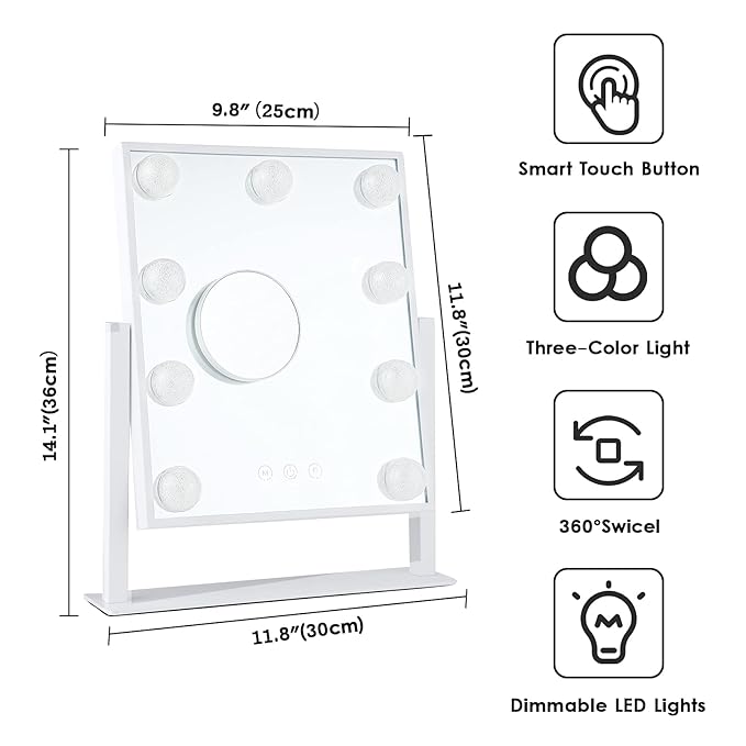 Vanity Mirror with Lights, Hollywood Lighted Makeup Mirror with 3 Color Modes and 9 Dimmable Diamond LED Light Bulbs, Detachable 10X Magnification, 360° Rotation, Touch Control, White