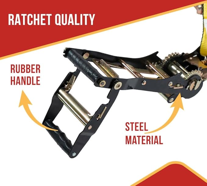 Mytee Products 20 Pack 2" x27' Yellow Ratchet Strap with J Hooks - 10,000 Lbs Breaking Strength -Heavy Duty Tie Down Large Bar Handle and Cargo Straps w/Wire Hooks for Flatbed, Truck, Trailers Pickup