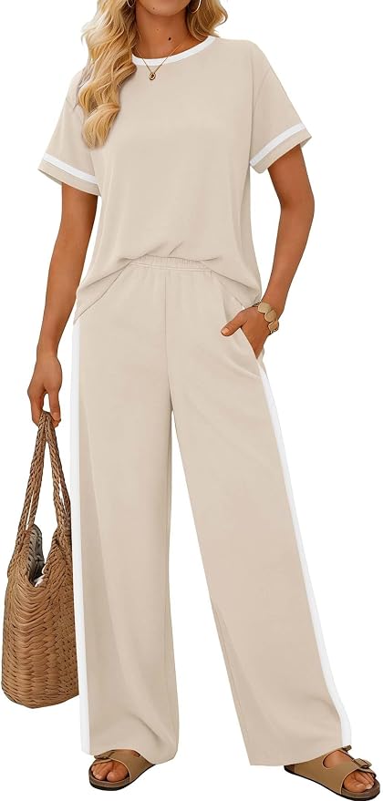Sampeel 2 Piece Sets for Women Matching Sets Summer Outfits Resort Wear Short Sleeve Lounge Set Wide Leg Pants with Pockets