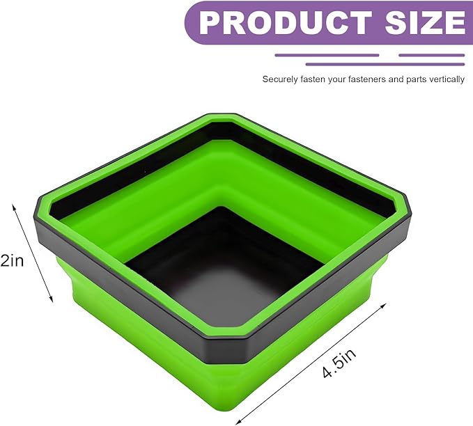 Collapsible Magnetic Parts Tray, 4.5" Square Silicone Metal Parts Organizer Double-Sided Magnet Bowl, Foldable Magnetic Tool Trays for Screws Bolts Nuts Washers Pins (Green)