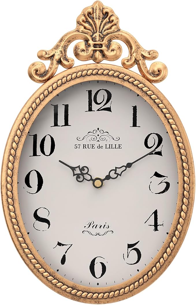 Abdurey Small French Retro Decor Wall Clock,Antique Gold Vintage Oval Style | Silent Battery Operated Boho Decorative Wall Clocks for Farmhouse,Kitchen,Bedroom,Bathroom(10.4"H x 6.7"W)