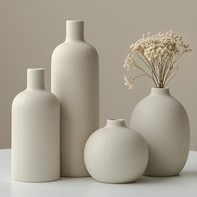 Modern Ceramic Vase Set, Neutral Colors, Decorative Vases for Home Decor, 4 Piece Collection (Beige)