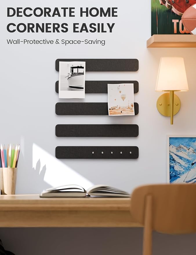 Fluxynara 13" x 2" Felt Wall Panels, Black | 5-Pack Cork Board Alternative with 35 Push Pins, Adhesive Mounting for Bedroom Door or Home Office