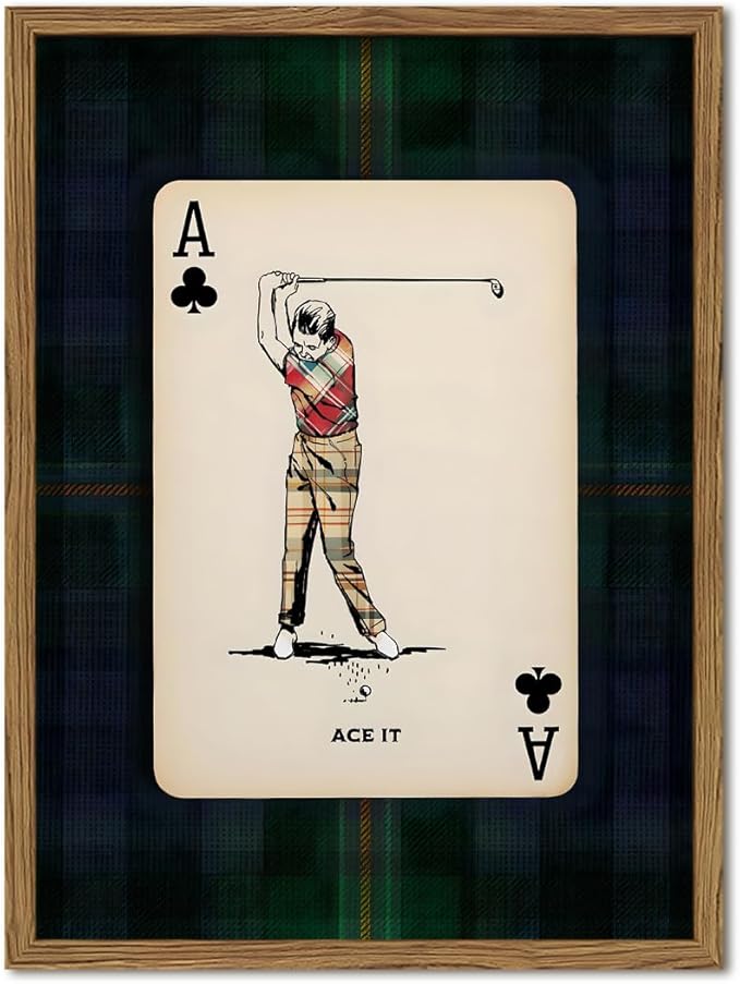 Vintage Golf Wall Art, Playing Card Golfer Sports Wall Decor Paintings Retro Navy Plaid Canvas Prints Picture for Bedroom Living Room Man Cave Country Club 16x24 inch Wood Framed