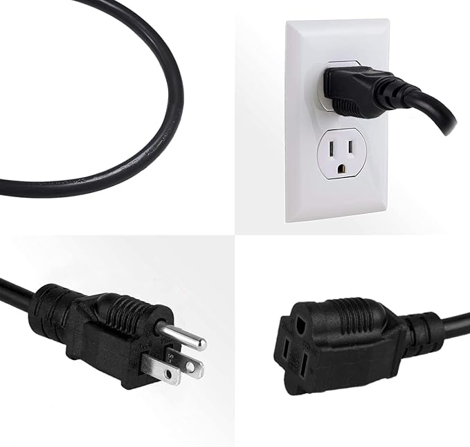 2-Pack 3ft Extension Cord Outdoor 16 SJTW AWG Heavy Duty Power Cord 3 Prong, NEMA 5-15P to NEMA 5-15R, Power Cable for Indoor and Outdoor Use, ETL Listed