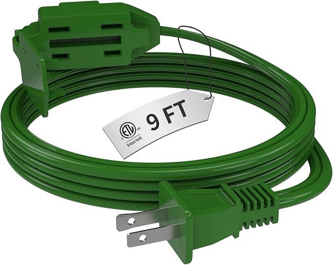 PLUGTUL Indoor Green Extension Cord 9 Feet, 3-Outlet Household Extension Cord, 2 Prong, 16 Gauge, 3 Polarized Outlets with Safety Cap Protect for Home Office, 16/2 SPT-2 ETL Listed