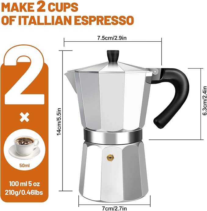 2 Cup Aluminum Espresso Stovetop Moka Pot Express Coffee Maker Percolator Italian Classic Mocha Coffee Machine for Italian and Cuban Cafe Brewing for Home & Camping 100ml 3.3oz