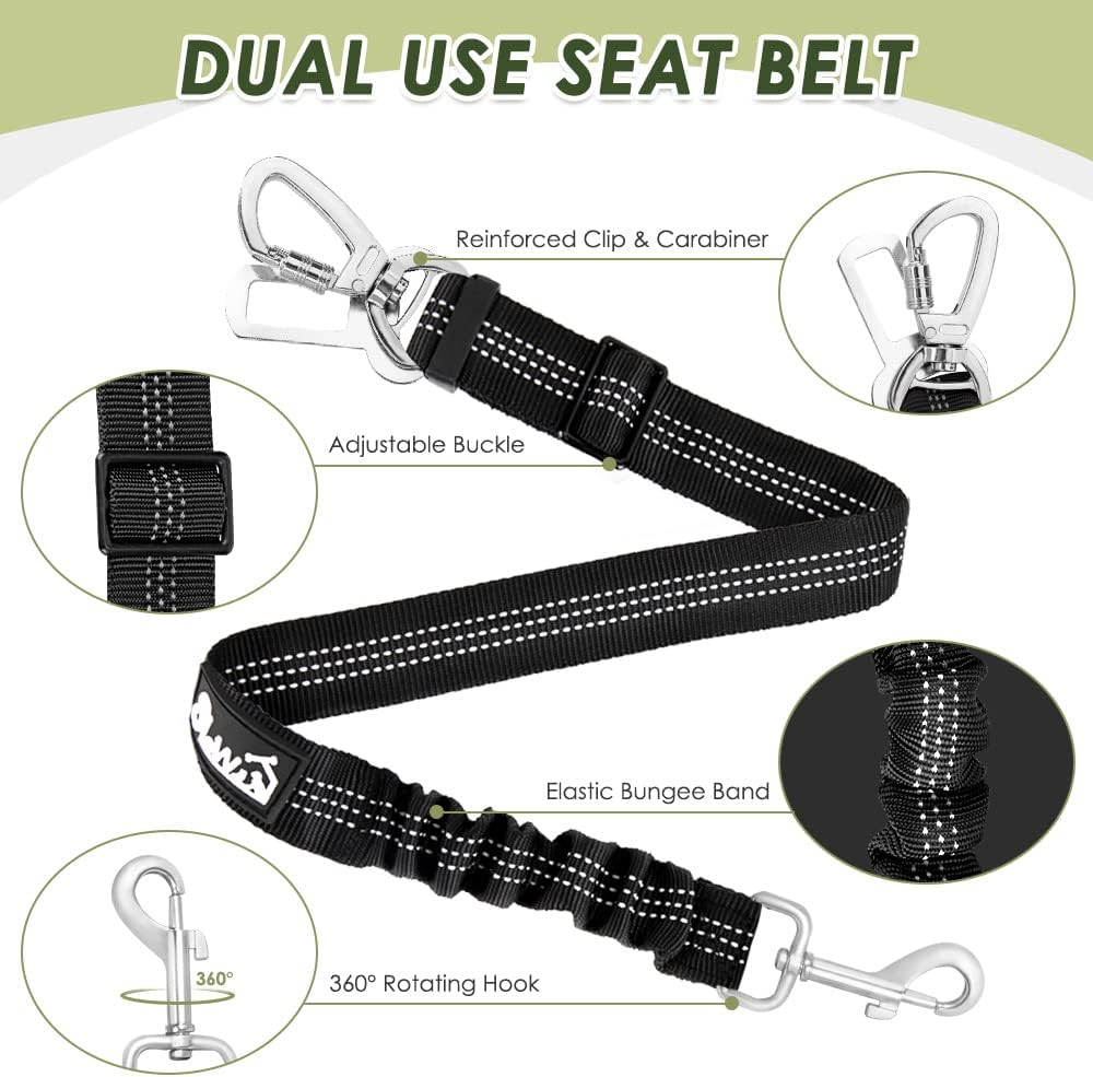 SlowTon Dog Seat Belt Harness for Car, Dog Car Harness Adjustable Mesh Breathable & Dog Seatbelt Safety Tether with Elastic Bungee for Small Medium Large Pets(Green, Double Clip, XS)