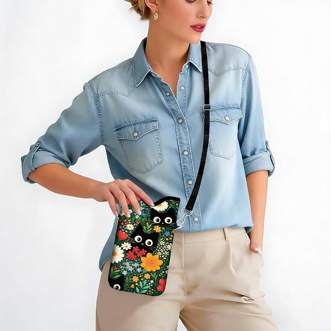 Cat Phone Pouch with Adjustable Strap Neck Lanyard Fits Most Smartphones 7.1 x 3.9 Inch Phone Crossbody Sleeve Black Cat Flower Pattern Neoprene Nylon Cellphone Carrying Case for Women Men