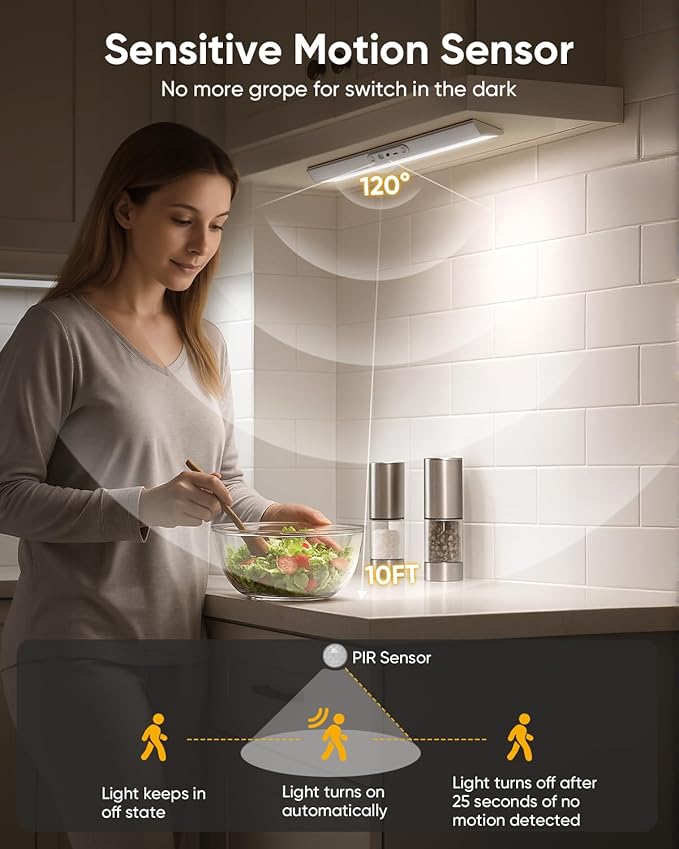 Motion Sensor Closet Lights, Eye Protection Design Cabinet Lighting Wireless with Remote, 3 Color Temps & Dimmable, Magnetic, Rechargeable LED Closet Lighting for Kitchen, Wardrobe, Pantry, 3 Pack