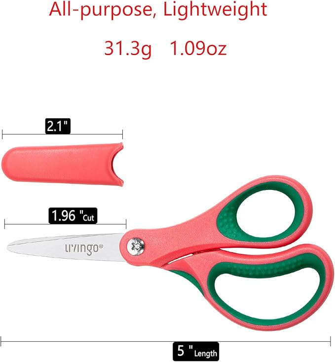 LIVINGO 5" Kids School Scissors: Small Safety Scissors Pointed Tip, Soft Handle Right Left Handedfor Craft, Classroom, Child, Toddler, Assorted Colors, 3 Pack