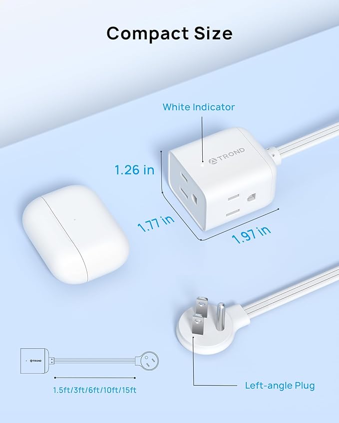 TROND Flat Extension Cord 15ft - Left Angled Flat Plug Power Strip, ETL Listed, 3 Plug Extension Outlets, Three Prong, SPT 16/3 Gauge, 13A, Compact for Tight Spaces Indoor Home Office Kitchen, White