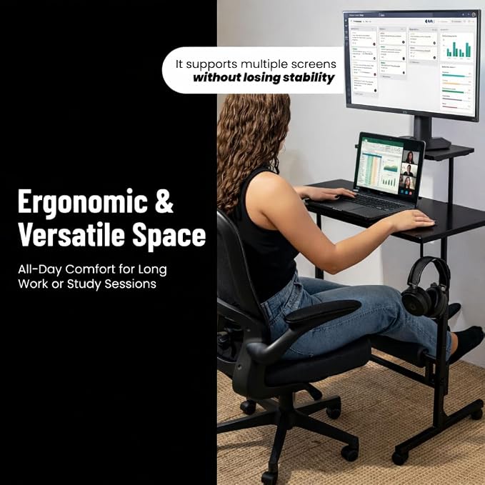 Small Rolling Desk with Wheels, Adjustable Height 27"-43.3" Portable Standing Desk, 31.5"x15.7" Tabletop, Mobile Laptop Computer Table for Home Office Workstation, Black