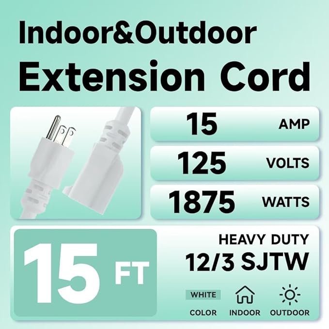 Indoor Outdoor Extension Cord, 12 Gauge 3 Prong Weatherproof Heavy Duty White Extension Cords, 12/3 SJTW 15A 15 FT Extension Cable for Garage, Garden and Home, UL Listed