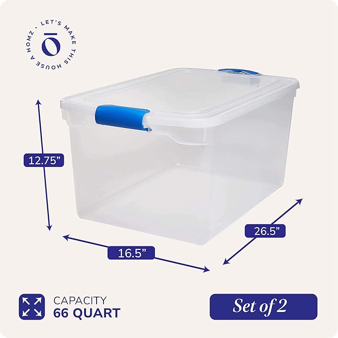 HOMZ 2-Pack Latching Lid, Large Clear Plastic Storage Bins with Lids, 66 Quart, Blue Latch - Stackable Container Boxes for Home, Bathroom, and Office Organization