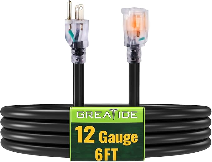 Outdoor Extension Cord with Lighted End, 12 Gauge Heavy Duty Extension Cord 6 FT, 3 Prong Grounded 15 Amp Extension Cord, 12/3 SJTW Waterproof Power Cord for Appliance, UL Listed, Black