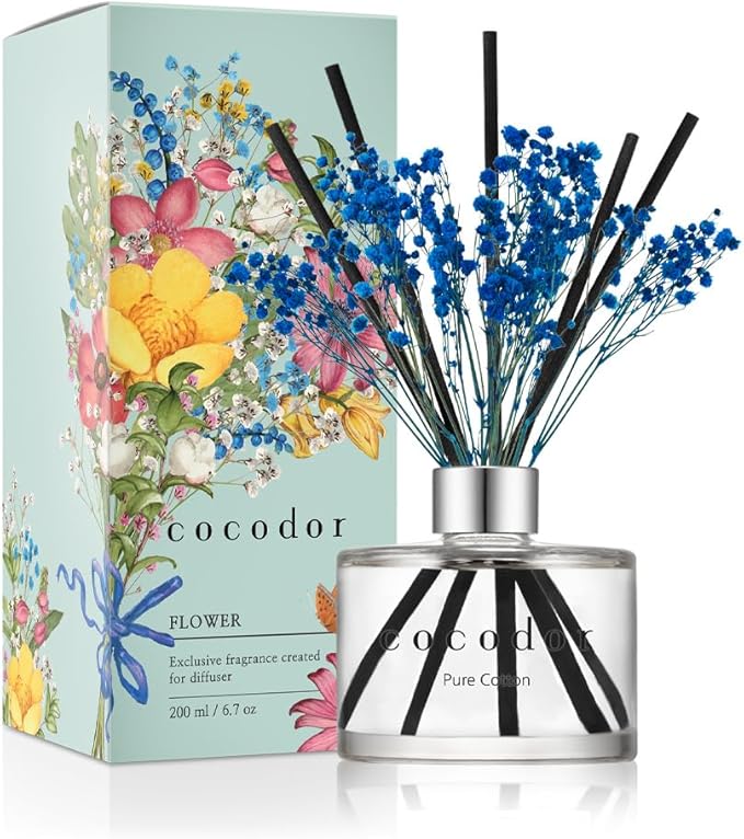 COCODOR Flower Reed Diffuser Set / 6.7oz / Pure Cotton/Scent Diffuser with Sticks Home Fragrance Reed Diffuser for Bathroom Shelf Decor for Women