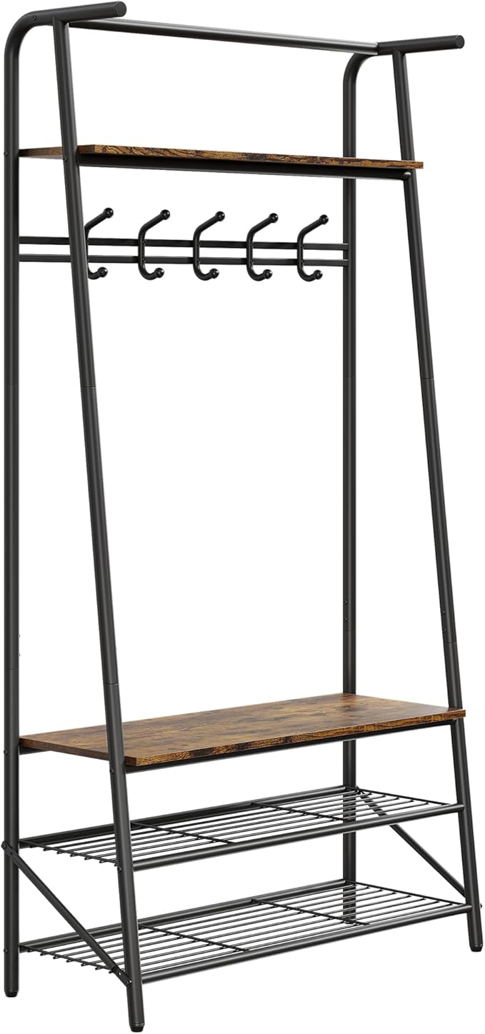 3-in-1 Hall Tree Coat Rack with Bench & Shoe Storage – Sturdy Metal Frame, 5 Hooks, Clothes Rail – Entryway Organizer for Hallway, Mudroom, Front Door – Black & Natural – 80 Single Row Hook