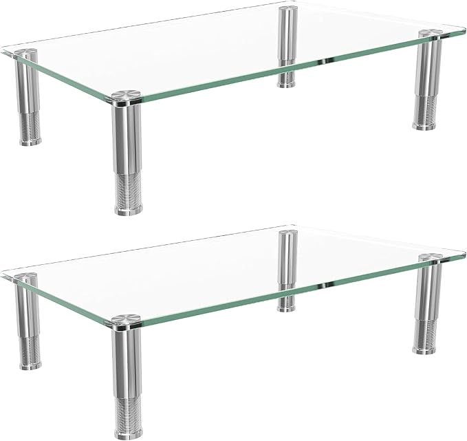 Simple Trending 2-Pack Tempered Glass Monitor Stand, Adjustable, Clear | 14.25"L x 9.5"W, height 3.5"-5", tilt 0-15°. Holds 88 lbs, impact/heat resistant. Stainless steel feet. Easy assembly.