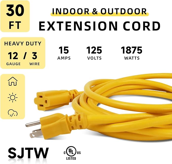 EP 12/3 30 FT Indoor Outdoor Yellow Extension Cord Waterproof, 12 Gauge 3 Prong Power Cord Flexible Resistant Appliance Extension Cable Electric Cable Outside, 15A 1875W 12AWG SJTW, ETL Listed