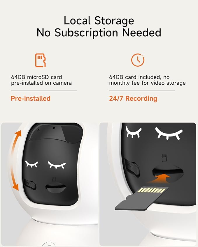 Smart 3K Indoor Dome Security Camera with AI Human/Pet/Facial Detection, 360�� Pan-Tilt Coverage, 2-Way Audio, 2.4GHz 5GHz Dual-Band Wi-Fi - Includes 64GB SD Card & No Subscription Needed
