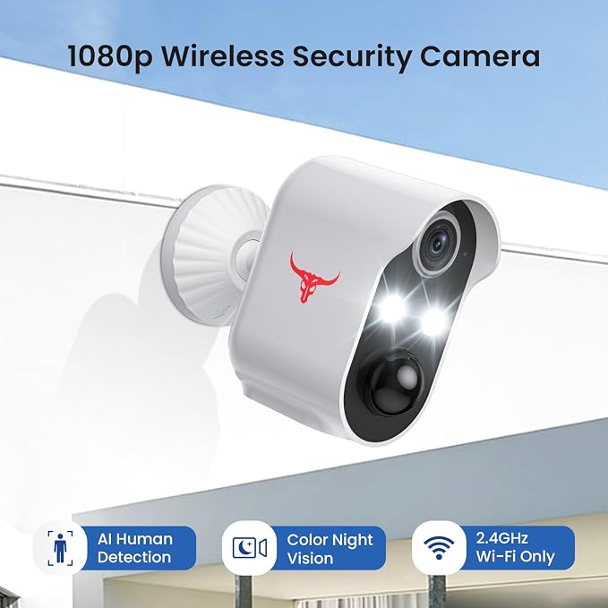 1080P Wireless Security Camera Outdoor, Battery Powered, AI Human Detection, Color Night Vision, 2-Way Audio, IP65 Waterproof, 2.4G Wi-Fi, Cloud Storage (1 Spotlight)
