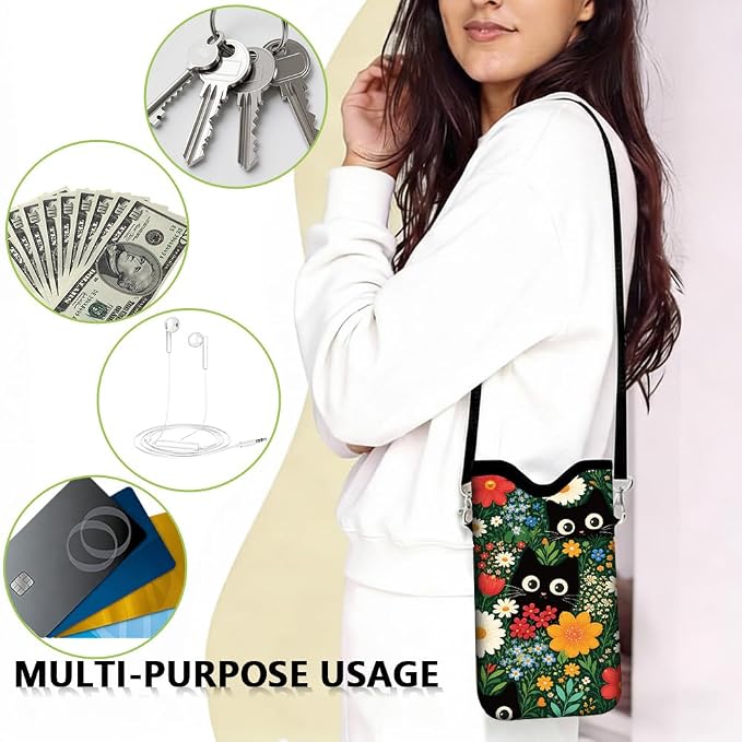 Cat Phone Pouch with Adjustable Strap Neck Lanyard Fits Most Smartphones 7.1 x 3.9 Inch Phone Crossbody Sleeve Black Cat Flower Pattern Neoprene Nylon Cellphone Carrying Case for Women Men