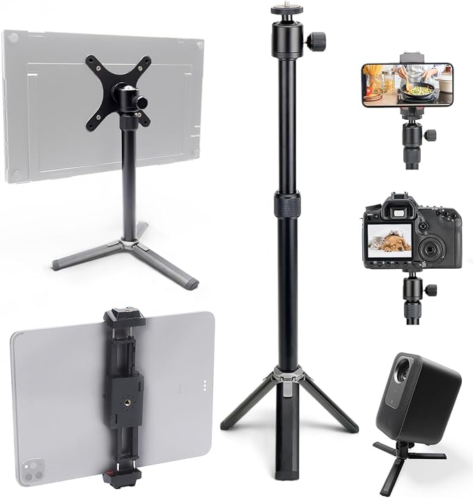 Kado Metal Portable Monitor Tablet Stand Tripod, Adjustable Height & Angle | 100x100mm 75x75mm Wall/Arm Mount Clamping, 360° Ball Head and 1/4" Screw Compact for Phone, Tablet, Projector, Camera, Webcam