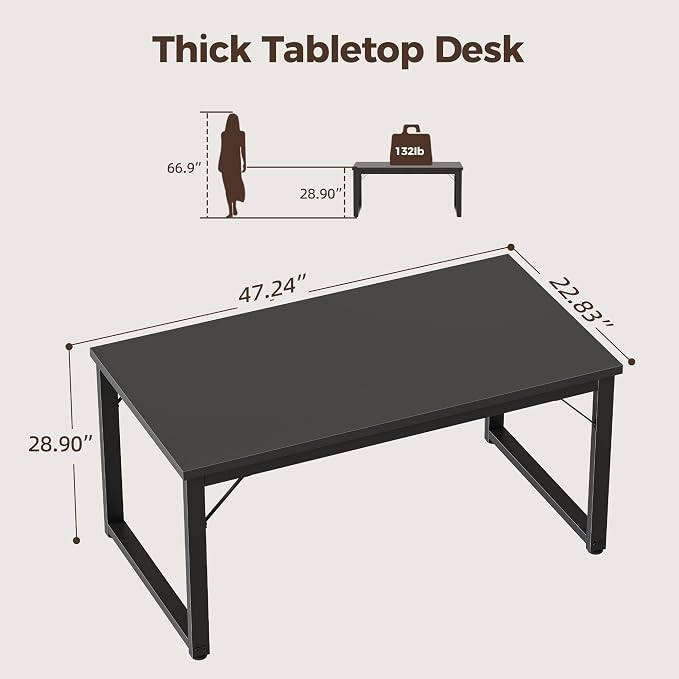 Mericonia 48 Inch Computer Desk, 1" Thick Small Office Table, Black | Modern Simple Style, Heavy Duty Industrial Frame, Small Study & Writing Table for Home Bedroom Work