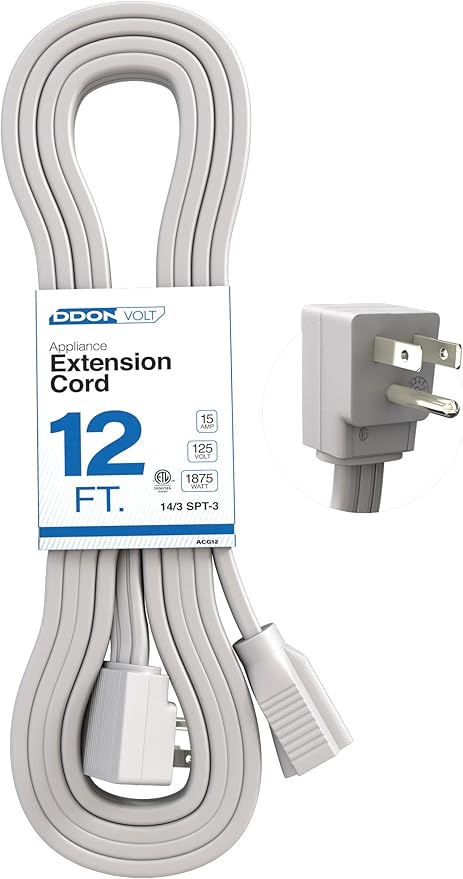 Appliance Extension Cord - 12ft Heavy Duty Gray Extension Wire for Air Conditioner, Refrigerator, & All Major Appliances - 14 Gauge High Voltage 3 Prong Flat-End Appliance Cord, for Indoor use