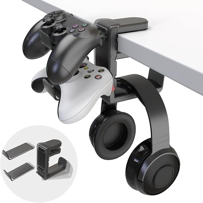 3-in-1 Headset&Controller Holder - EURPMASK Upgraded PC Gaming Headset Stand, Adjustable Clamp-on Headphone Holder,Headphone Controller Hook Under Desk w/ 360 Degree Swivel&Cable Clip Organizer-Black