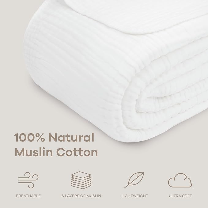 Comfy Cubs Adult Muslin Blanket 90x66” Twin Swaddle Blankets, White | 6 Layer Soft, Breathable & Lightweight Muslin Adult Blanket - Machine Washable & Designed in the US Bedding for All Seasons