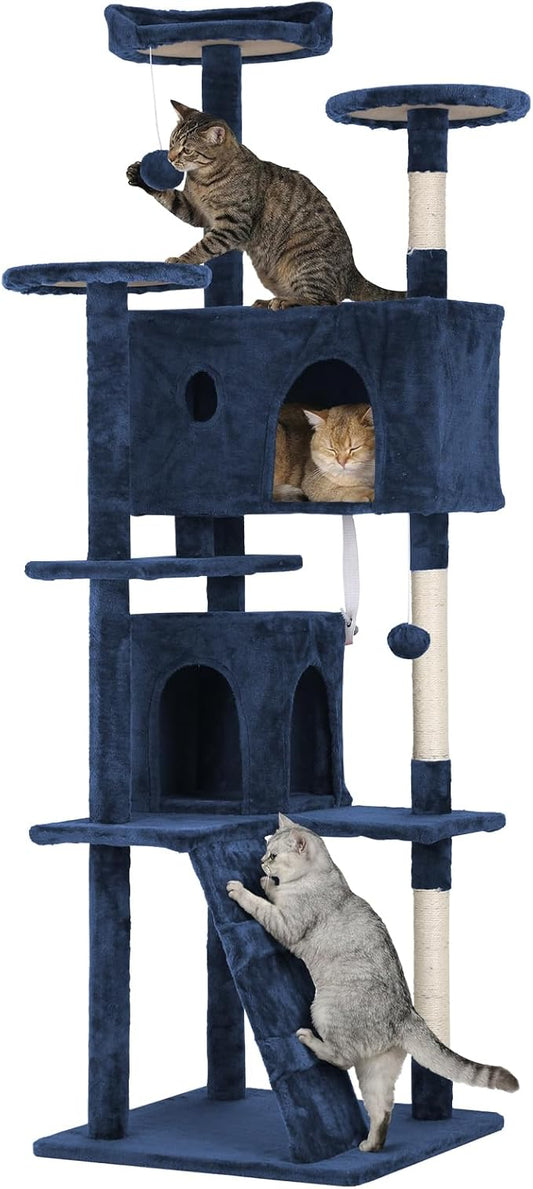 70in Cat Tree Cat Climbing Tower with Scratching Post, Cats House Perch Kitten Tree Condo Wood Playhouse, Pet Trees Tower for Indoor Cats, Navy Blue