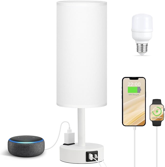 Fenmzee Matte White Bedside Table Lamp for Bedroom - 3 Way Dimmable Touch Lamp USB C Charging Ports and AC Outlet, Small Lamp Round Flaxen Fabric Shade for Living Room, Desk, LED Bulb Included