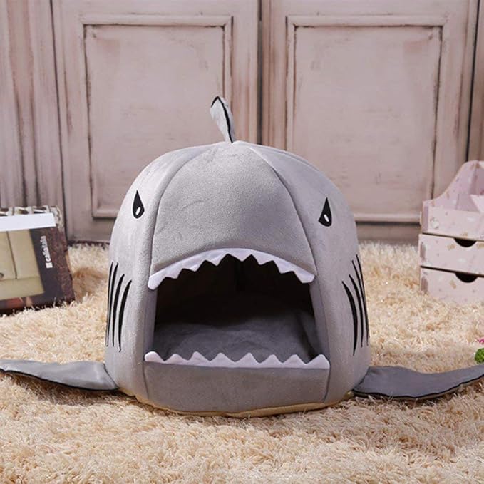 Shark Shaped Pet Dog Puppy Bed Warm Cat Bed House Nest for Autumn Winter Grey M