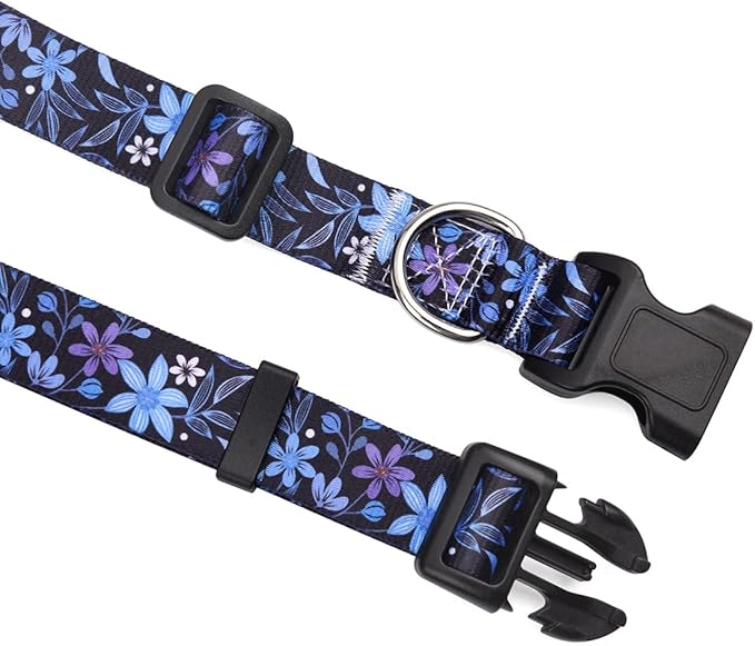 Dog Collar and Leash Set with Bohemia Floral Tribal Geometric Patterns - Soft Ethnic Style Collar Adjustable for Small Medium Large Dogs(Blue Floral Set,S)