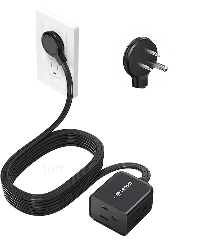 TROND Flat Extension Cord 10ft - Right Angled Flat Plug Power Strip, ETL Listed, 3 Plug Extension Outlets, Three Prong, SPT 16/3 Gauge Cable, 13 Amps, Compact for Indoor Home Office Kitchen, Black