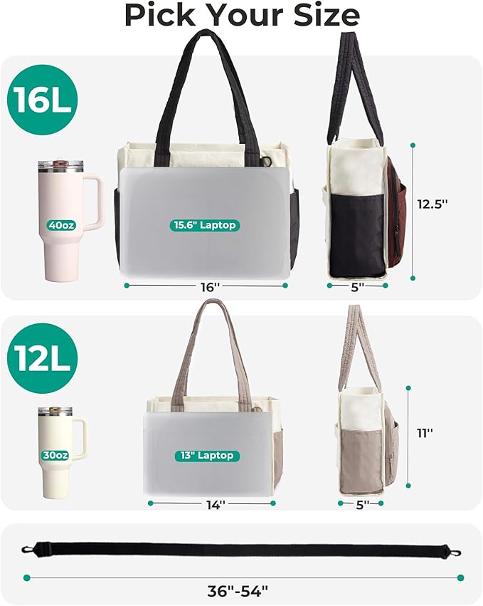 BAGSMART Small Tote Bag for Women, 13'' Laptop Canvas Work Bag with Zipper | 30oz/40oz Tumble & 11 Pockets Travel Tote, Teachers/Nurses, Lightweight Canvas or Water-Resistant Puffer Taslon Crossbody Bag