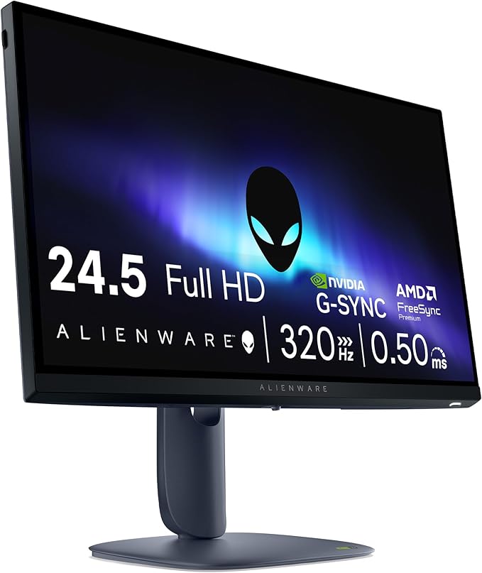 Alienware 24 Gaming Monitor AW2525HM, FHD IPS Panel, 320Hz, 0.5ms, G-SYNC | FreeSync Premium, 400 Nit Brightness, 1000:1 Contrast, 99% sRGB, Anti-Glare, USB Hub, Height Tilt Swivel, VESA 100x100