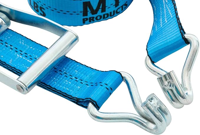 Mytee Products (2 Pack 2 Inch x 27 FT Blue Ratchet Strap with J Hooks - 10,000 Lbs Breaking Strength - Heavy Duty Tie Down Cargo Truck Straps with Wire Hooks for Flatbed, Truck, Trailers Pickup