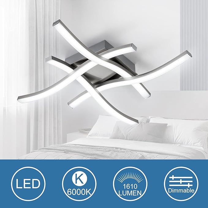 EDISLIVE Modern Dimmable LED Ceiling Light Curved 4-Light 18 in Minimalist Flush Mount Ceiling Light Fixture Lamp for Bedroom Foyer Kitchen 6000K 24W Nickel