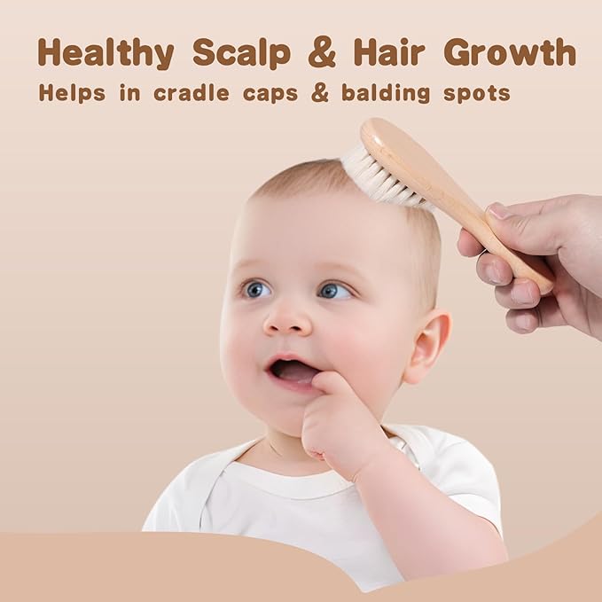 Baby Hair Brush Set,3 in1 Kit,1 Pack Goat Hair Bristles Brush 2 Pieces Silicone Cradle Cap Brushes Wood Handle Newborn Brush for Newborns and Toddlers