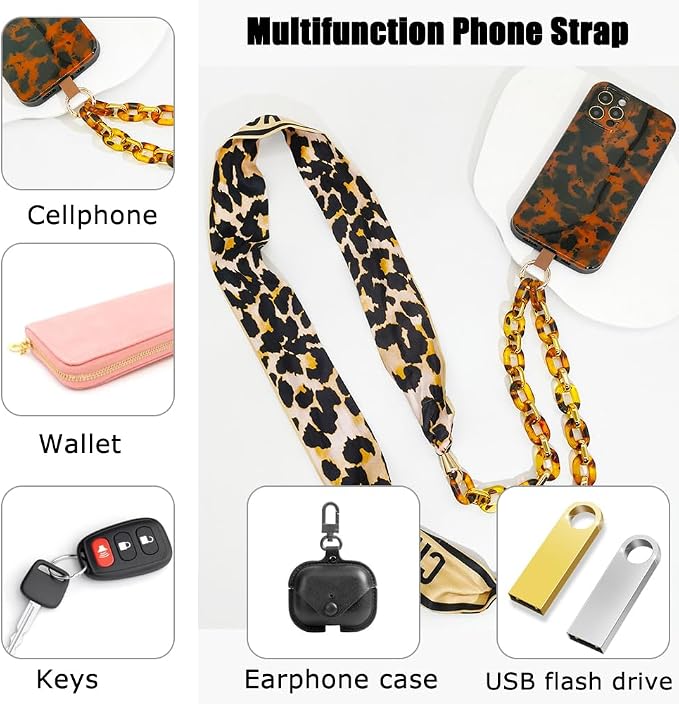 Phone Crossbody Chain Cell Phone Lanyard,Universal Leather+Metal Shouder Strap with Phone Tether Patches (S)