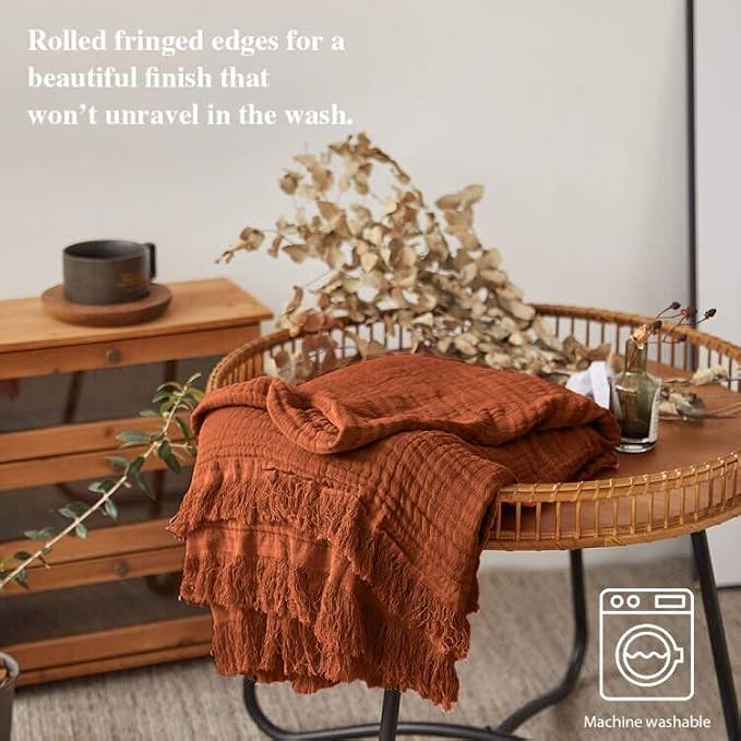 Simple&Opulence Cotton Muslin Throw Blanket for Bed, Couch, Knit Woven Gauze Blanket with Tassels, Soft Lightweight Cozy Pre-Washed Breathable Farmhouse Decoration for All-Season (Rust Orange)