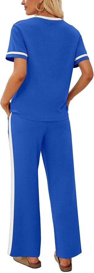 Sampeel 2 Piece Sets for Women Matching Sets Summer Outfits Resort Wear Short Sleeve Lounge Set Wide Leg Pants with Pockets
