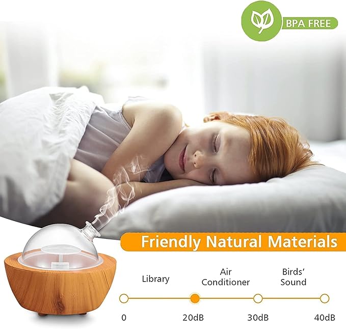 280ml Glass Essential Oil Diffuser Wood Grain Base Air Aroma Diffusers for Aromatherapy Cool Mist Humidifier with Safe Auto Shut-Off and 7 Color LED Night Lights for Home Office Room