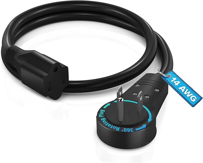 Maximm Extension Cord 1 Foot – 360° Rotating Flat Plug, 3-Prong Grounded Power Cable – UL Certified, 13A 125V, Heavy Duty 14AWG Wire – Ideal for Tight Spaces Behind Furniture – Black